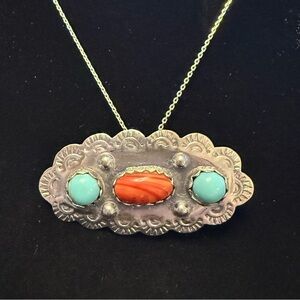 Large Mexican 925 sterling Silver and Turquoise and Spiny Oyster Pendant Brooch